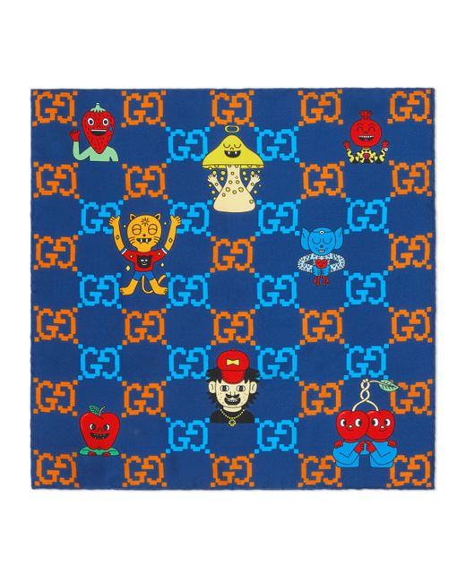 Gucci Blue GG Emoji Print Silk Pocket Square for men