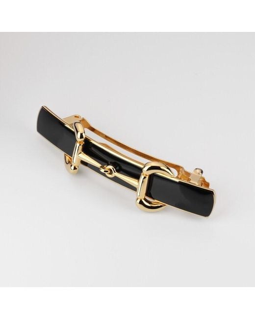 Gucci Black Horsebit Hair Clip With Enamel, -Toned Metal