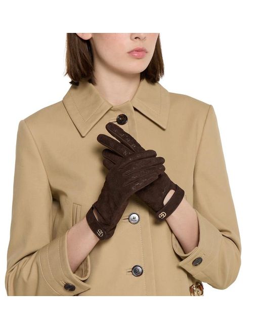 Gucci Brown Gg Leather Gloves With Double G