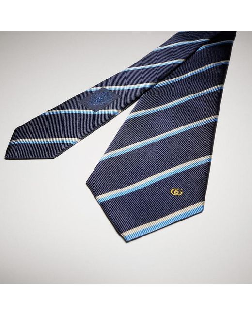Gucci Blue Striped Double G Silk Jacquard Tie for men