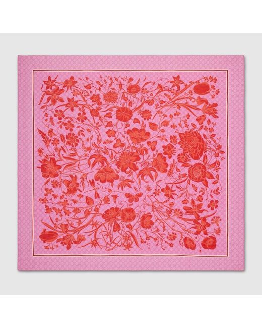 Gucci Pink GG Floral Print Silk Cotton Scarf