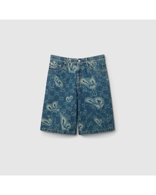 Shorts In Denim Con Stampa Cuori Liquidi GG di Gucci in Blue da Uomo