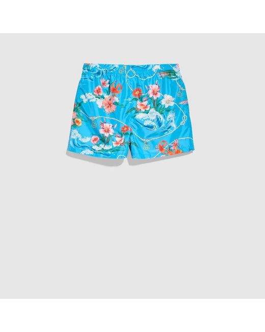 Gucci Blue Printed Polyester Poplin Swim Shorts for men