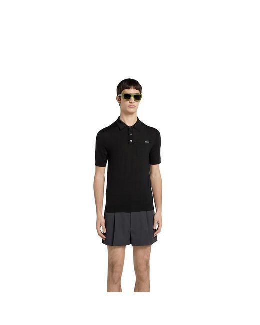 メンズ Gucci インターシャ ファインウールニット ポロトップ, ブラック, ウェア Black