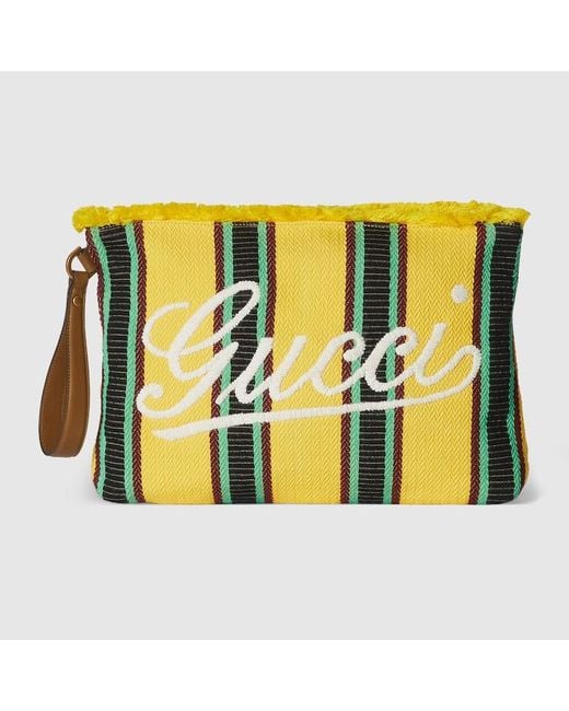 Gucci Yellow Large Embroidered Canvas Pouch for men