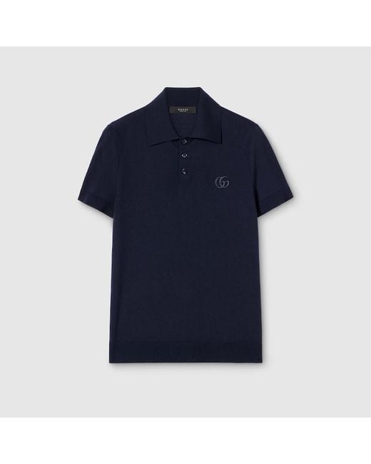 Gucci Blue Knit Wool Polo Shirt With Embroidery for men