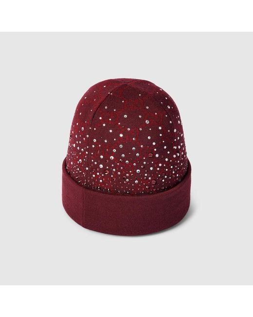 Gucci Red Mütze Aus Gg Wolle Mit Kristallen, Größe