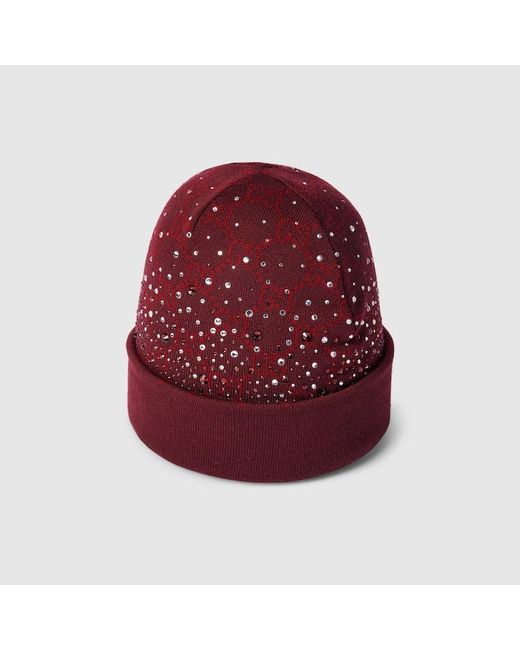 Gucci Red Mütze Aus Gg Wolle Mit Kristallen, Größe