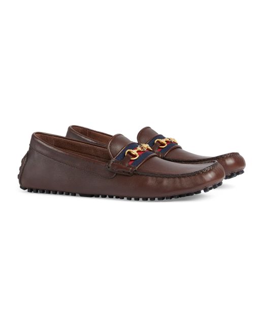 Gucci Brown Ayrton Leather & Web Driver Loafers for men