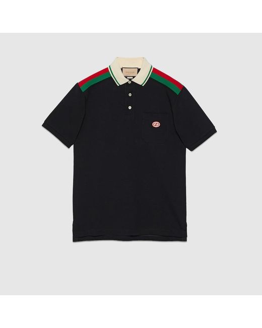 Gucci Black Brand-appliqué Striped-trim Cotton-jersey Polo Shirt for men
