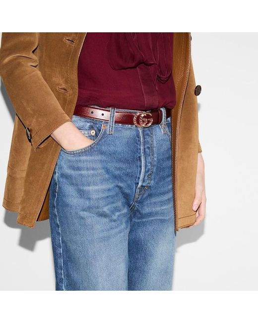 Gucci Red Schmaler Gg Marmont Gürtel Mit Kristallen, Grösse 85