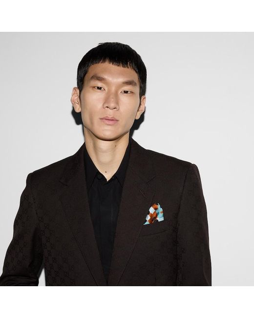 メンズ Gucci プリント コットン ハンカチ, ブルー, コットン Blue