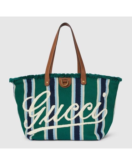 Gucci Green Embroidered Medium Canvas Tote Bag for men
