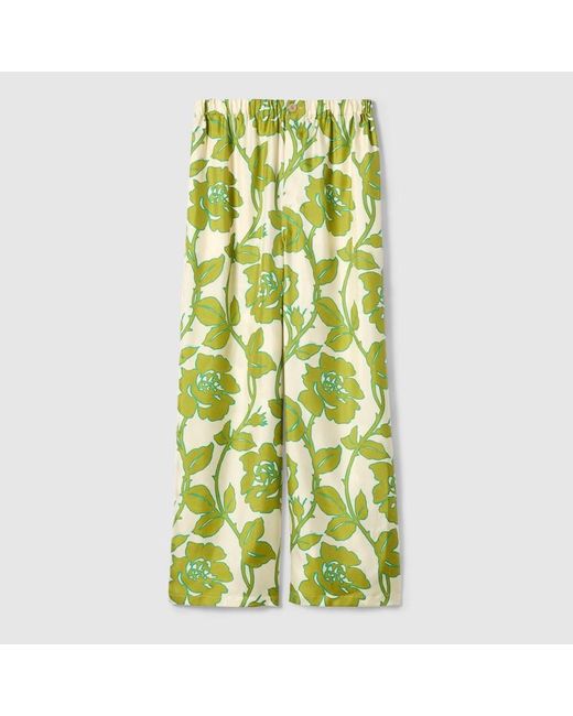 Pantalón de Sarga de Seda con Motivo Floral Gucci de color Green