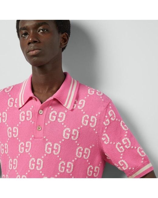 Polo Con Intarsio In Cotone GG di Gucci in Pink da Uomo