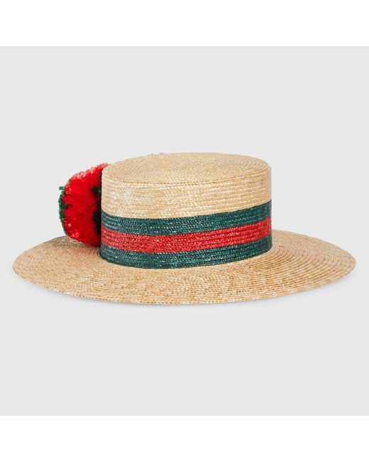 Gucci Natural Raffia Wide-brimmed Hat Wit Pom-pom