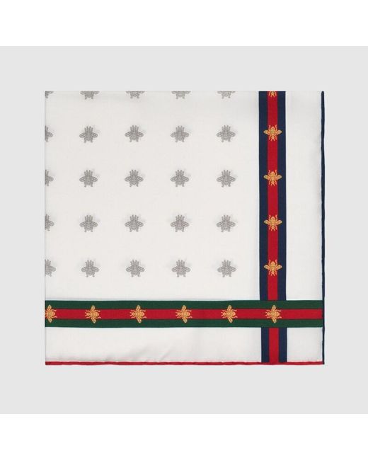 Gucci White Bee Pattern Silk Pocket Square for men