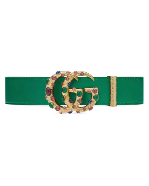 Gucci Green Leather Belt With Crystal Double G Buckle