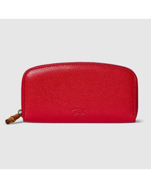 Gucci Red Zip Around Wallet With Bamboo