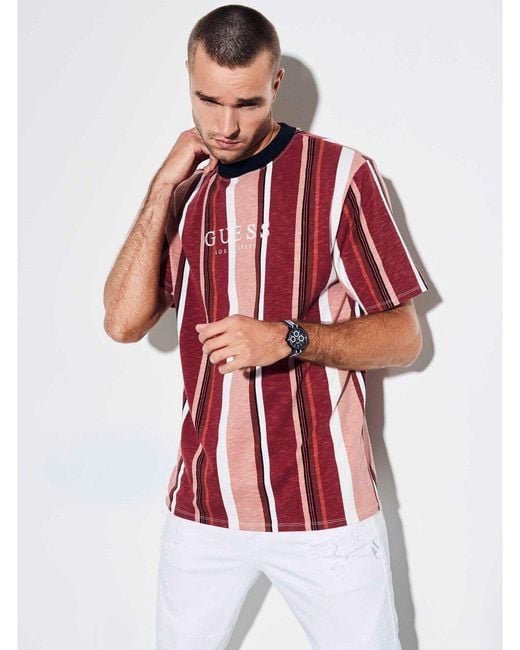 Guess Striped Logo T-shirt in Red for Men | Lyst Canada