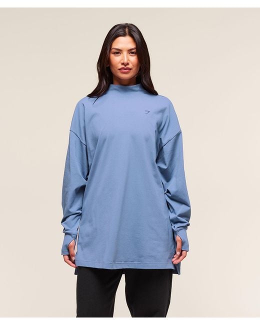 GYMSHARK Blue Covered Longline Cotton Long Sleeve Top