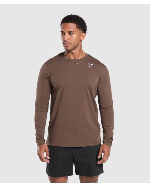 GYMSHARK Brown Crest Long Sleeve T-Shirt for men