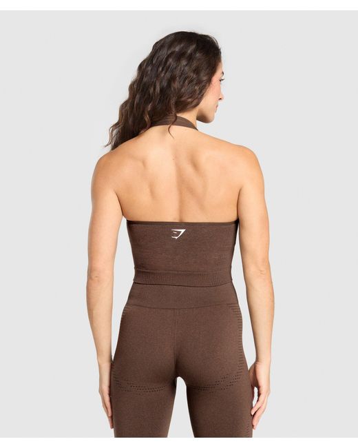 GYMSHARK Brown Vital Halter Neck Tank With Shelf