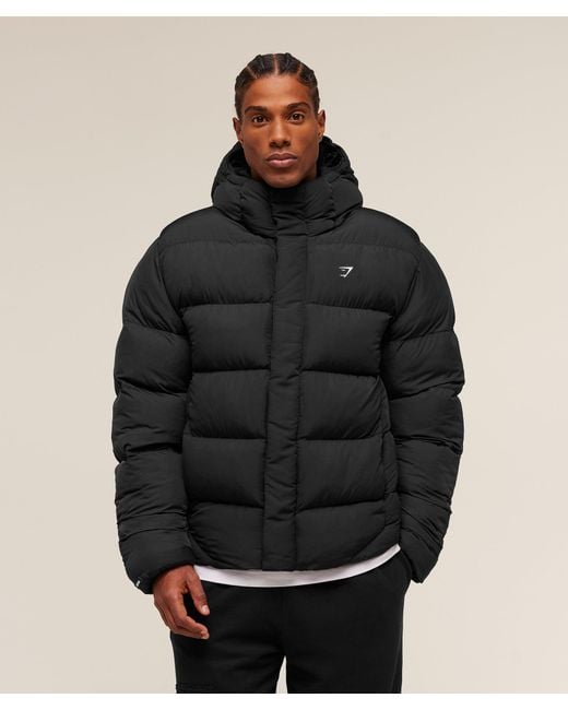 GYMSHARK Black Hooded Puffer Jacket for men