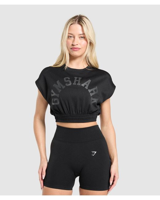 GYMSHARK Black Mesh Graphic Crop Top