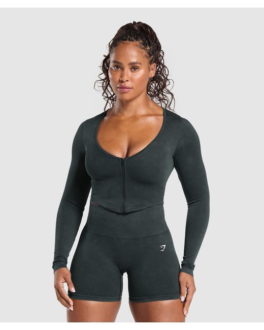 GYMSHARK Gray Gains Seamless Washed Zip Up Jacket