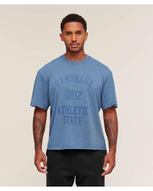 GYMSHARK Blue Collegiate Washed T-Shirt for men