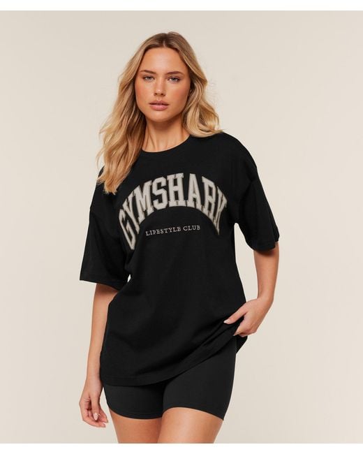 GYMSHARK Black Collegiate Graphic T-Shirt