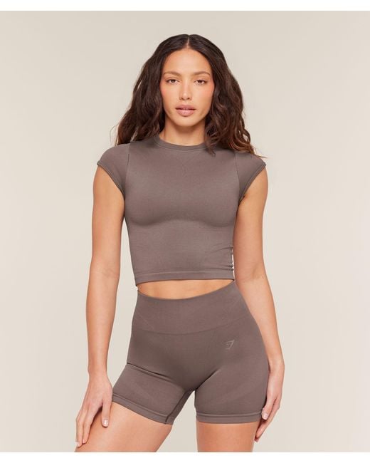 GYMSHARK Brown Poise Crew Neck Short Sleeve Top