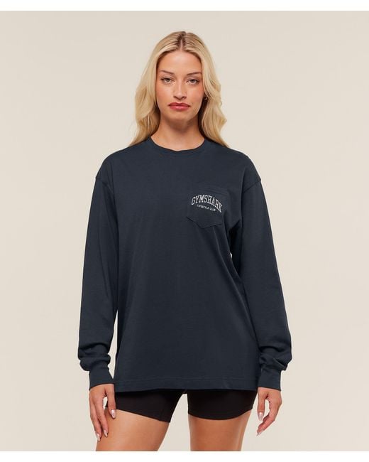 GYMSHARK Blue Collegiate Graphic Long Sleeve T-Shirt