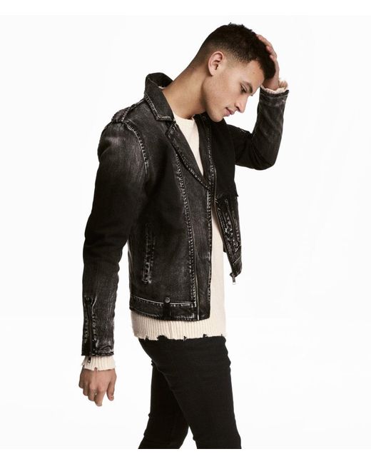 H\u0026M Denim Biker Jacket in Black/Washed 
