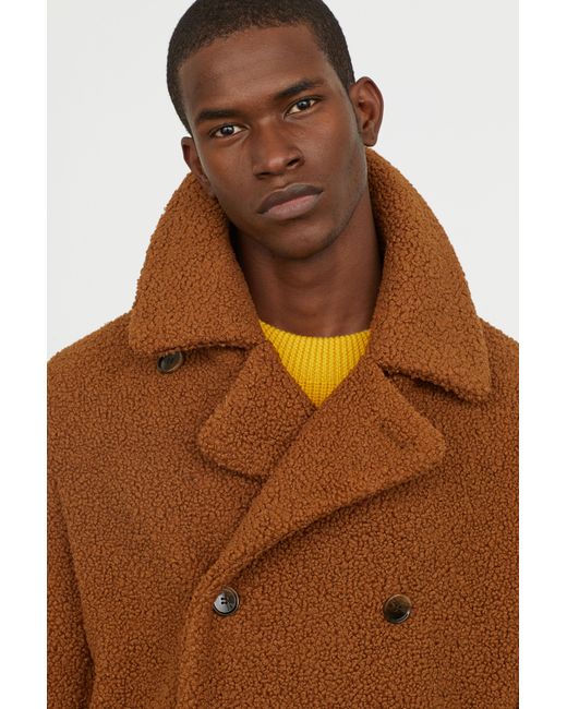 H&M Pile Pea Coat in Brown for Men | Lyst