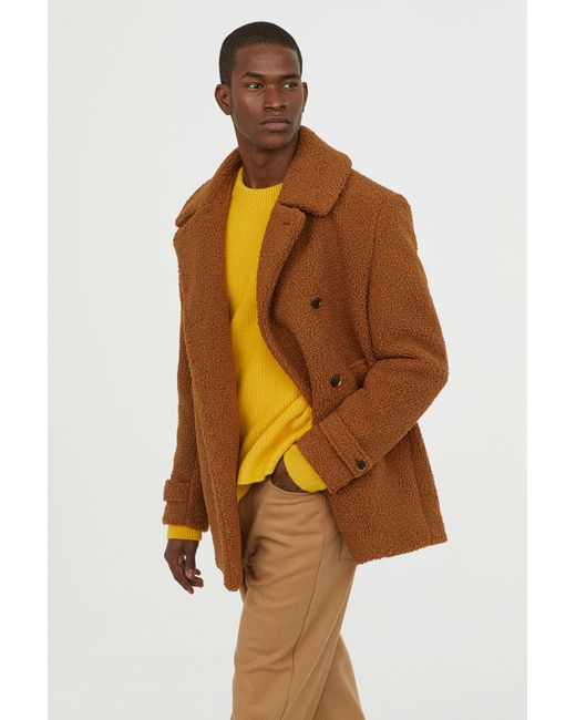 H&M Pile Pea Coat in Brown for Men | Lyst