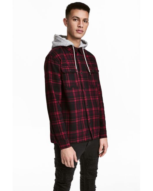 H\u0026M Hooded Flannel Shirt in Dark Red 