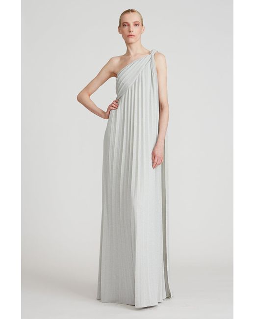 Halston Synthetic Priya Knit Pleated Gown in Silver (Metallic) | Lyst