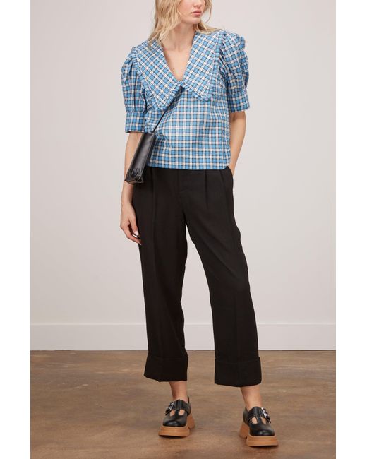 Ganni Cotton Seersucker Check V-neck 