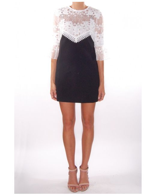 Womens Round Neck Elbow-length Sleeve Lace Dress, Contrasting Lace Dress With Openwork Details Black