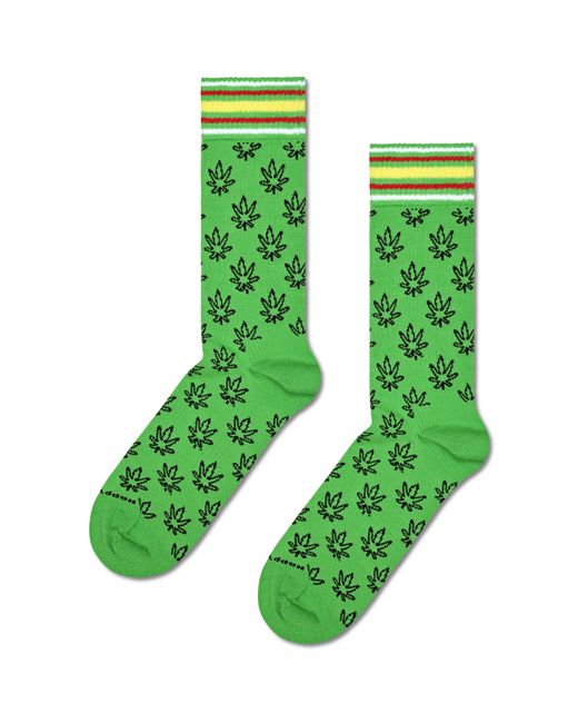 Happy Socks Green Beige Leaf Crew Socken