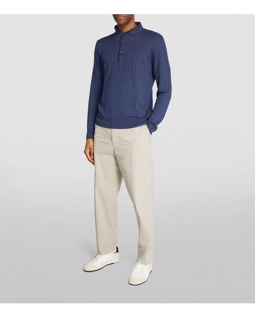 Barena Blue Linen-cotton Rib-knit Polo Shirt for men