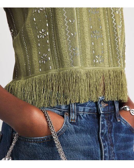 Maje Green Beaded Fringed Tank Top