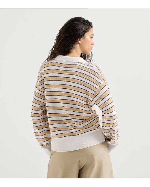 Brunello Cucinelli White Cotton-Blend Stripe Polo Sweater