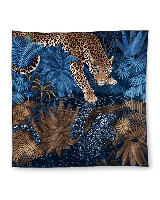 Cartier Blue Silk Panthère Double-Sided Scarf