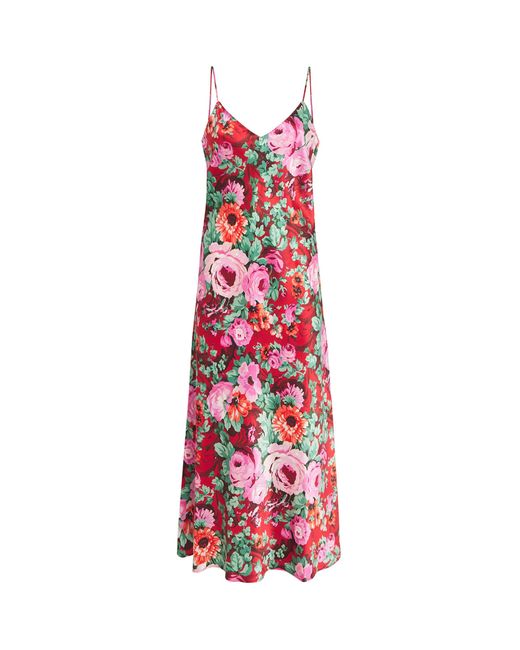 Olivia Von Halle Red Silk Floral Garbo Midi Dress