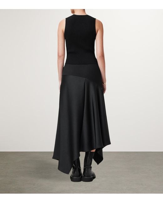 AllSaints Black Satin Pia Midi Skirt