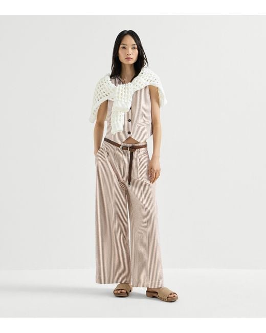 Brunello Cucinelli Natural Techno-Cotton Stripe Wide-Leg Trousers