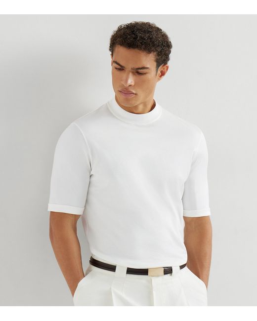 Brunello Cucinelli White Cotton High-Neck T-Shirt for men